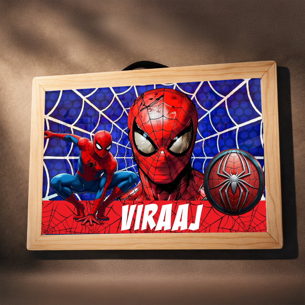 Personalised foldable desk with Spiderman-themed artwork, web background, shield graphic, and the name “VIRAAJ.”