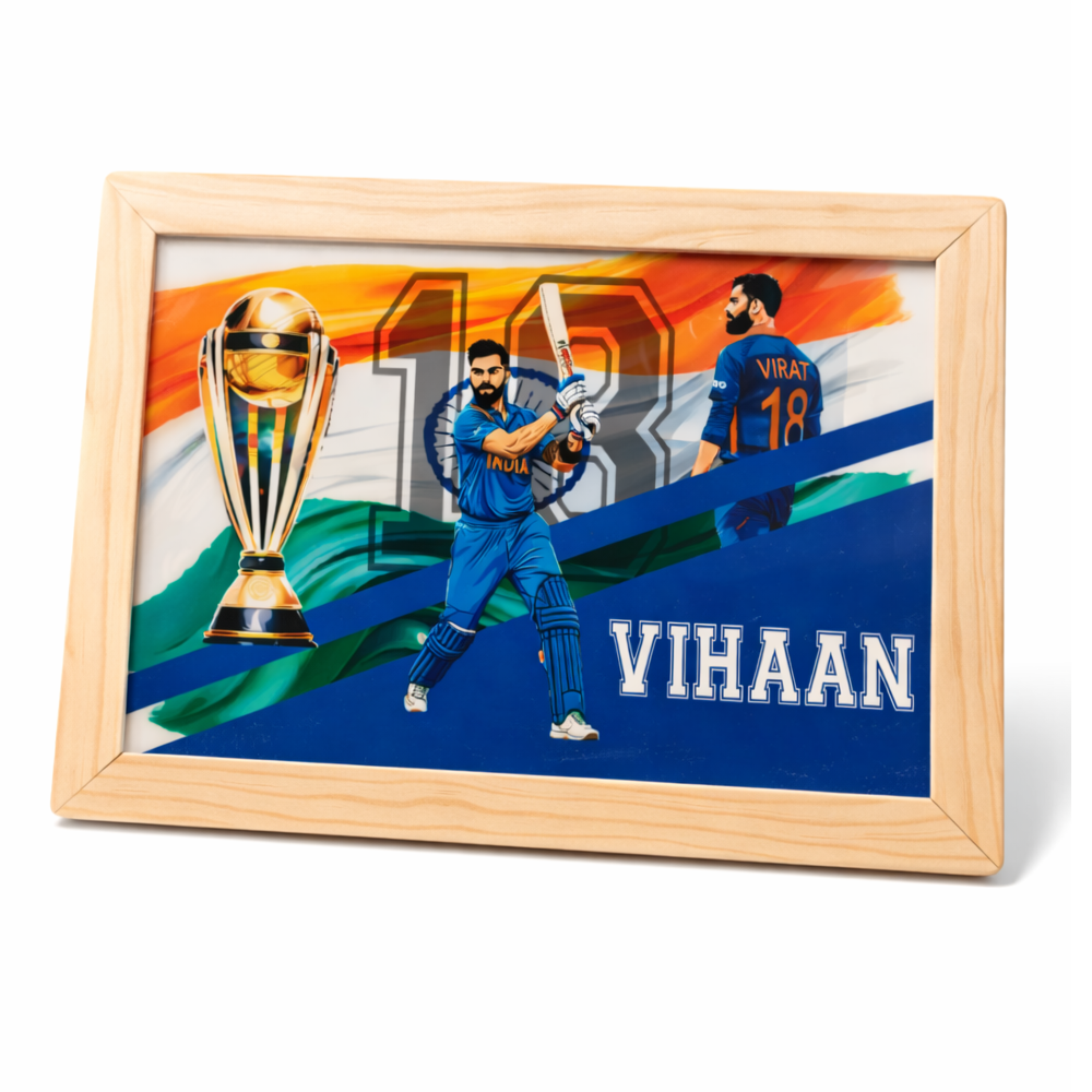 Personalised foldable desk with cricket-themed artwork, number 18 background, trophy graphic, and the name “VIHAAN.”