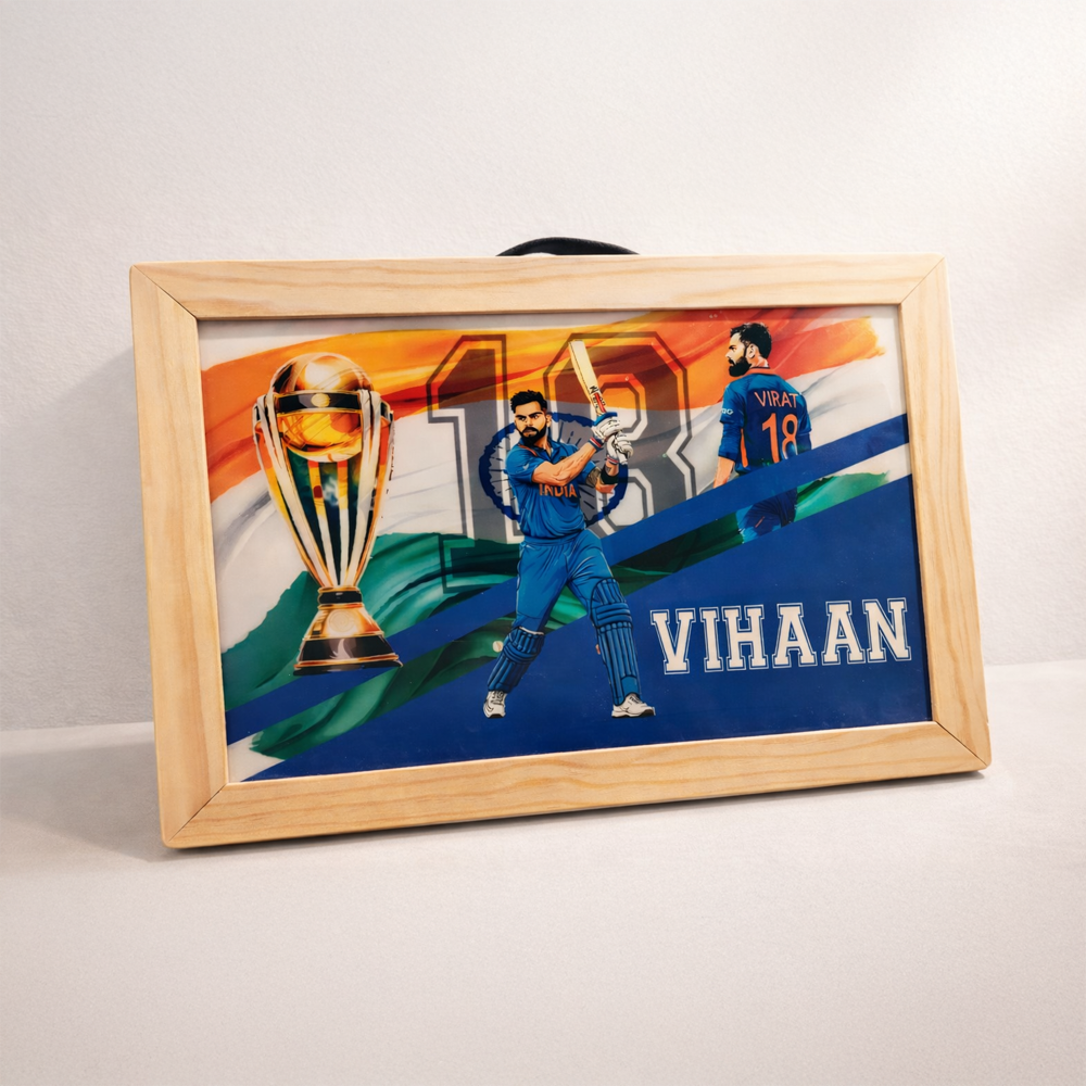 Personalised foldable desk with cricket player artwork, trophy design, India-inspired colours, and the name “VIHAAN.”