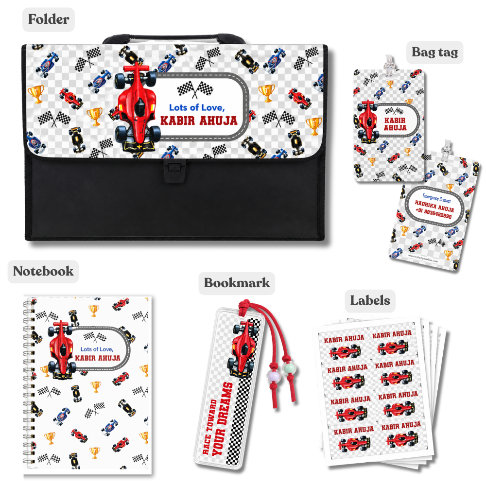 Kids personalised racing themed stationery essentials including folder, notebook, bag tag, bookmark and name labels.