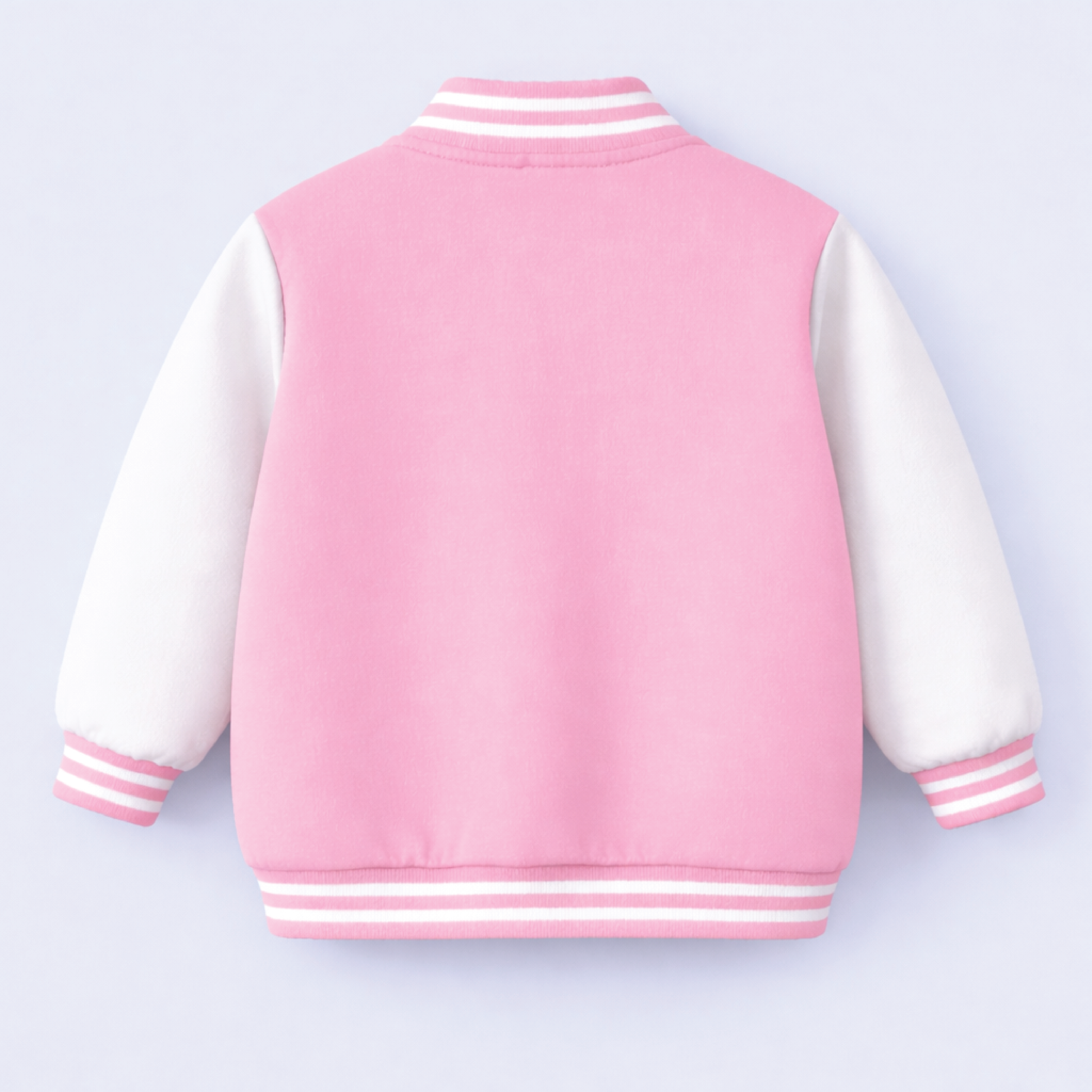 Pink and white kids varsity jacket shown on a light purple background.