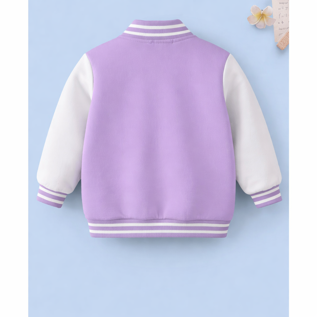 Purple and white kids varsity jacket shown on a light blue background.