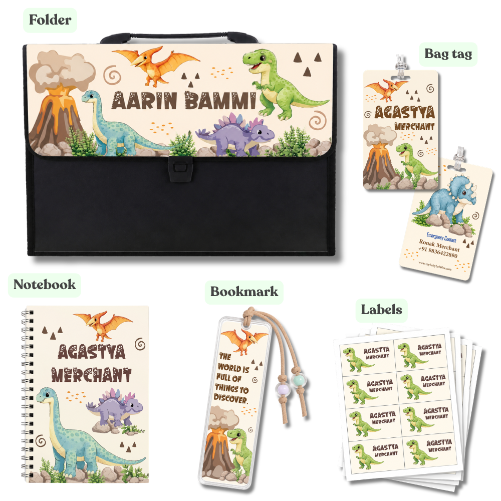 Personalised dinosaur stationery set for kids with A4 folder, notebook, bag tag, bookmark and waterproof name labels.