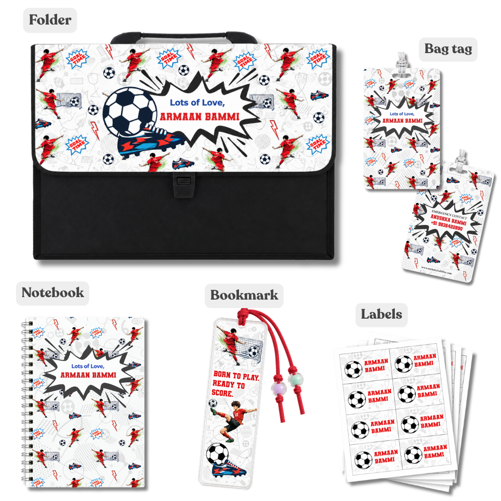 Personalised football stationery set with folder, notebook, bag tag, acrylic bookmark and waterproof name labels for kids.