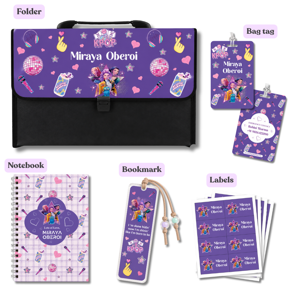 Personalised K-Pop stationery set for kids with folder, notebook, bag tag, acrylic bookmark and waterproof name labels.