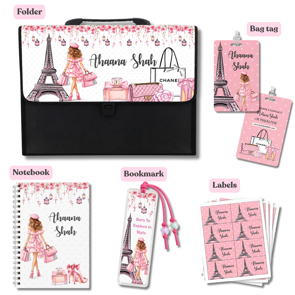 Personalised Paris themed stationery set with folder, notebook, bag tag, acrylic bookmark and name labels for kids.