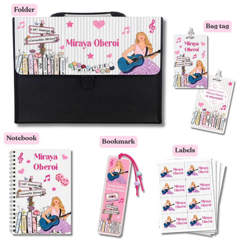 Personalised Swiftie inspired stationery set for kids with folder, notebook, bag tag, acrylic bookmark and waterproof labels.