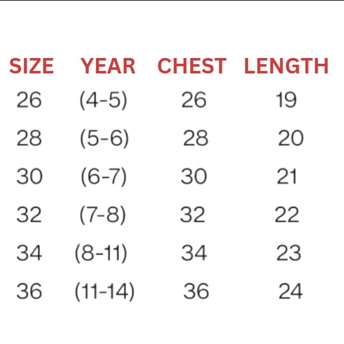 Size chart for personalised varsity jackets showing chest and length measurements in inches.