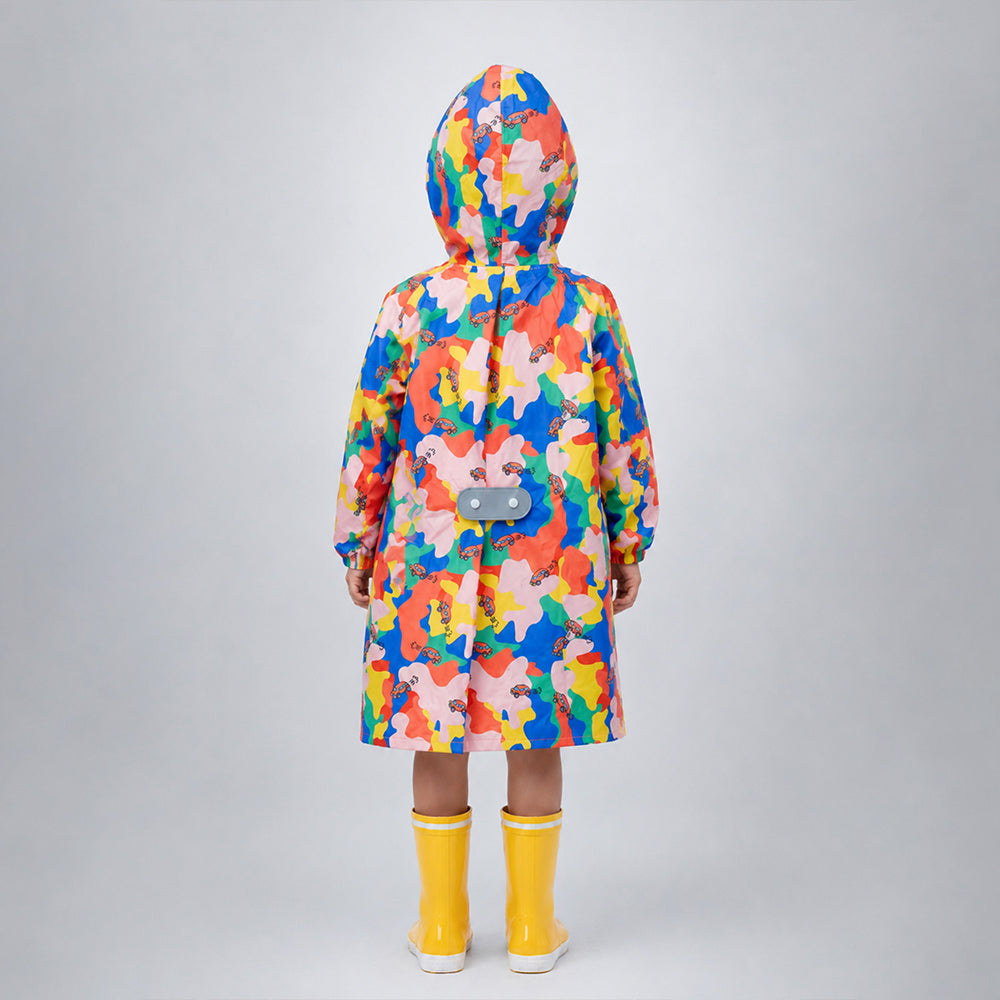 Back view of pink color pop kids raincoat with hood and expandable backpack panel