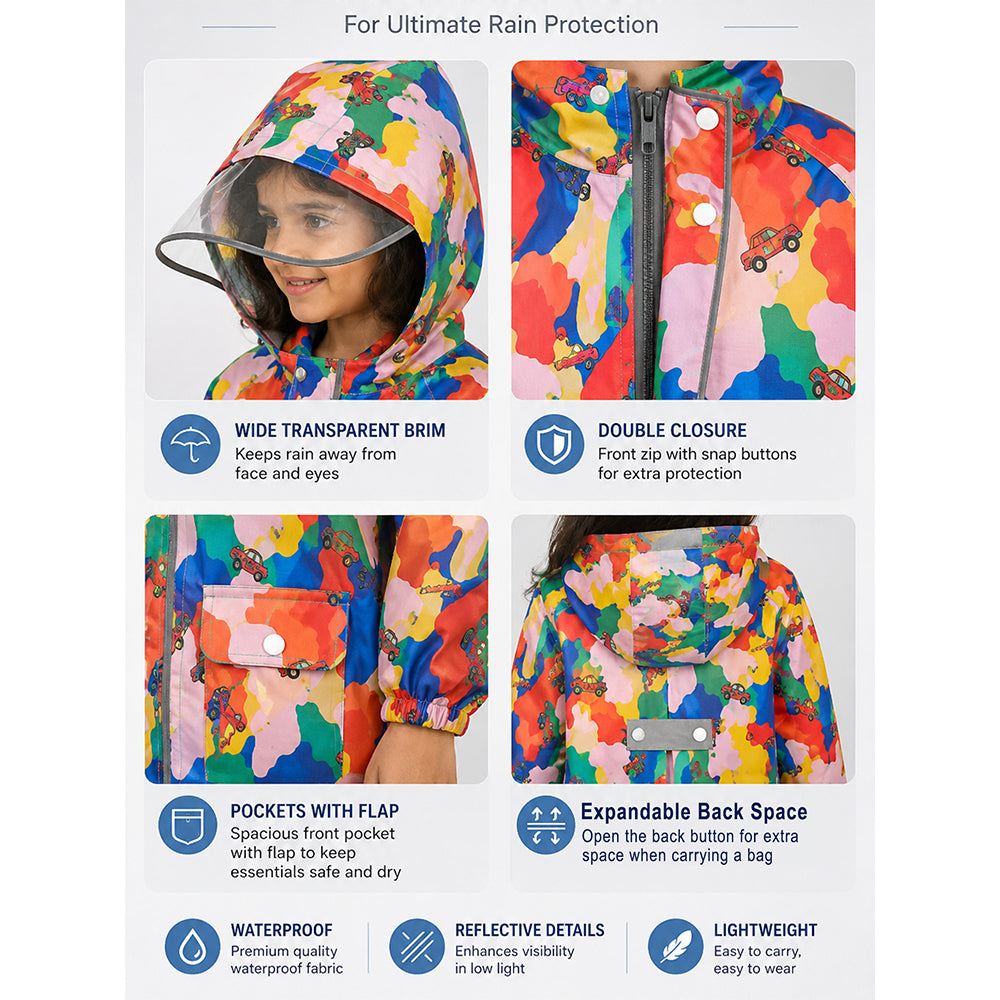 Pink color pop kids raincoat features including transparent brim, double closure, flap pockets and expandable back space