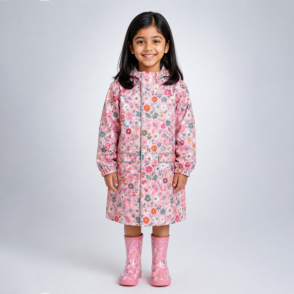 Child wearing pink floral garden print knee-length raincoat with hood and matching pink rain boots