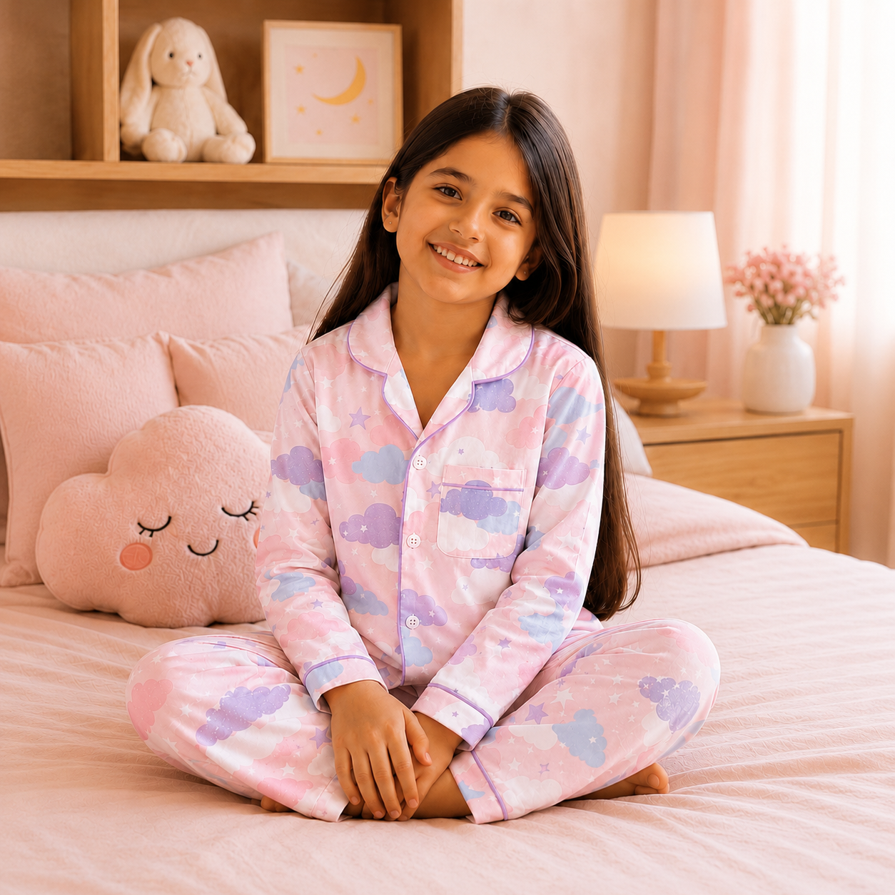 Girl wearing Pink Sky cotton night suit by Fancy Fluff