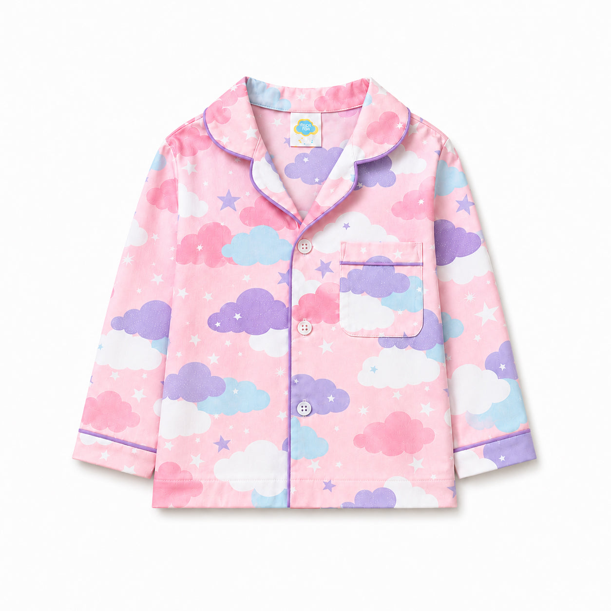 Pink Sky button-down cotton night suit shirt with cloud print