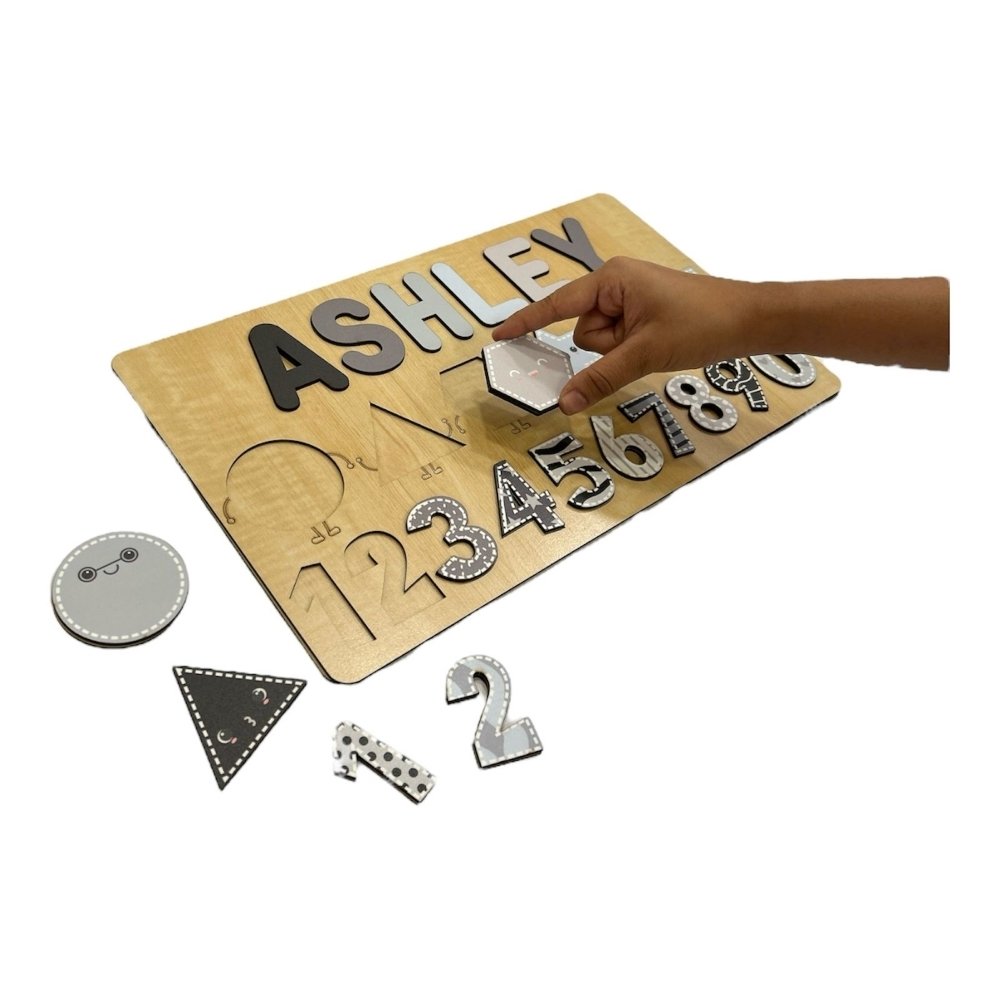 Personalised Wooden Name Puzzle- Shapes & Numbers - Monochrome