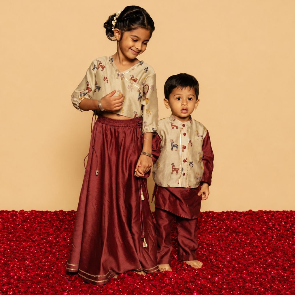 Chanderi Kurta Pyjama & Bandi Set | Hand-Block Printed (Gota Work)