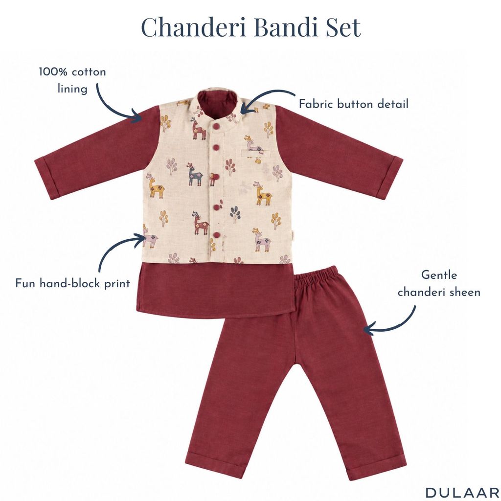 Chanderi Kurta Pyjama & Bandi Set | Hand-Block Printed (Gota Work)