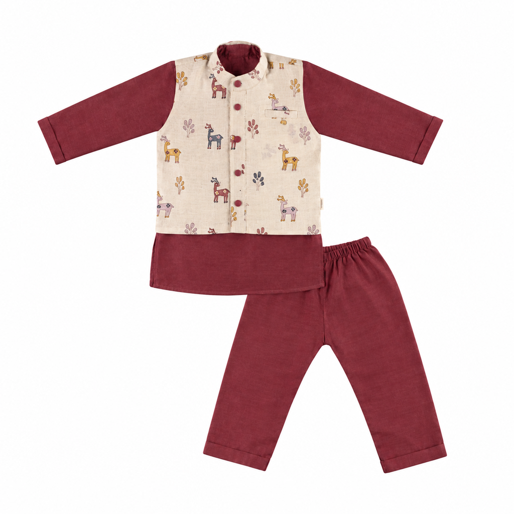 Chanderi Kurta Pyjama & Bandi Set | Hand-Block Printed (Gota Work)