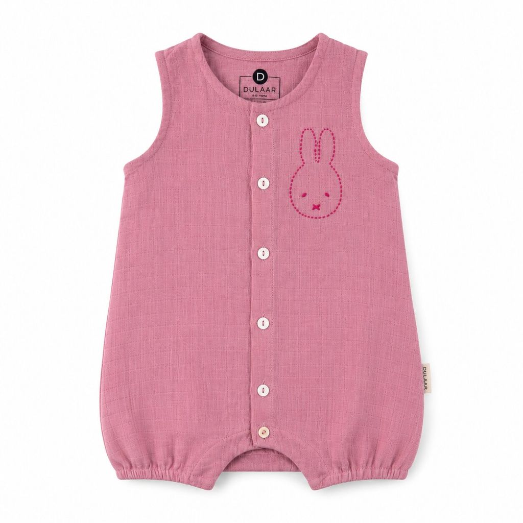 Pink baby romper with a bunny design on a white background