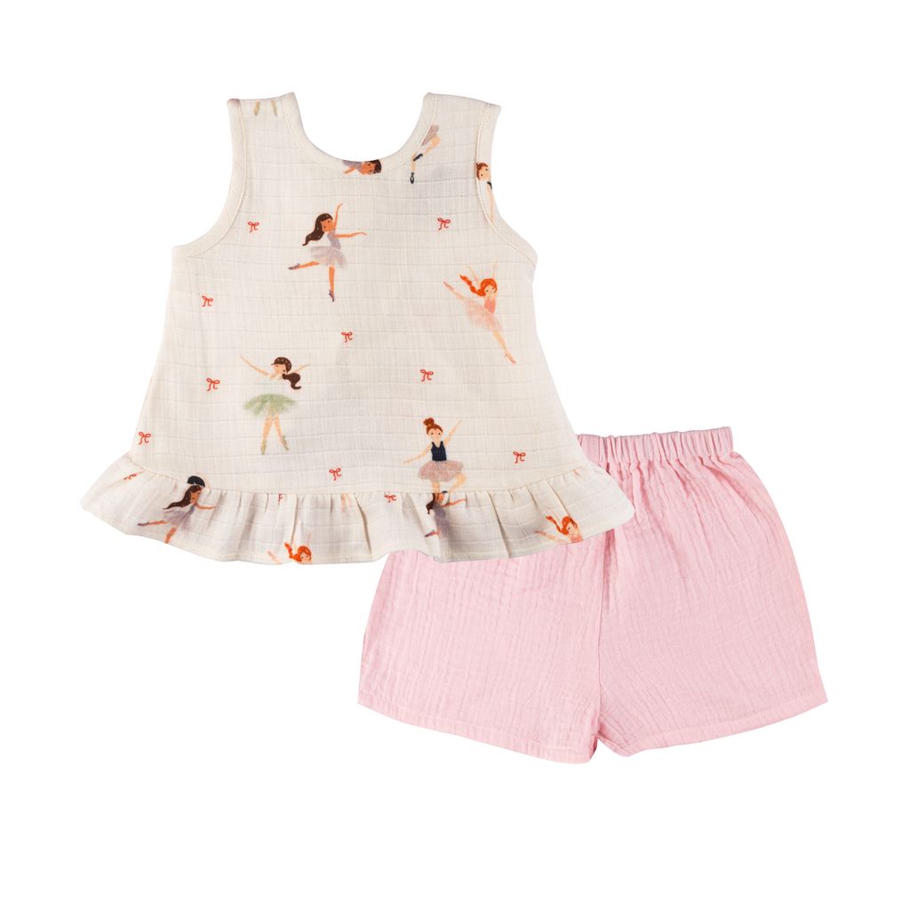 Children's outfit with a sleeveless top and pink shorts on a white background
