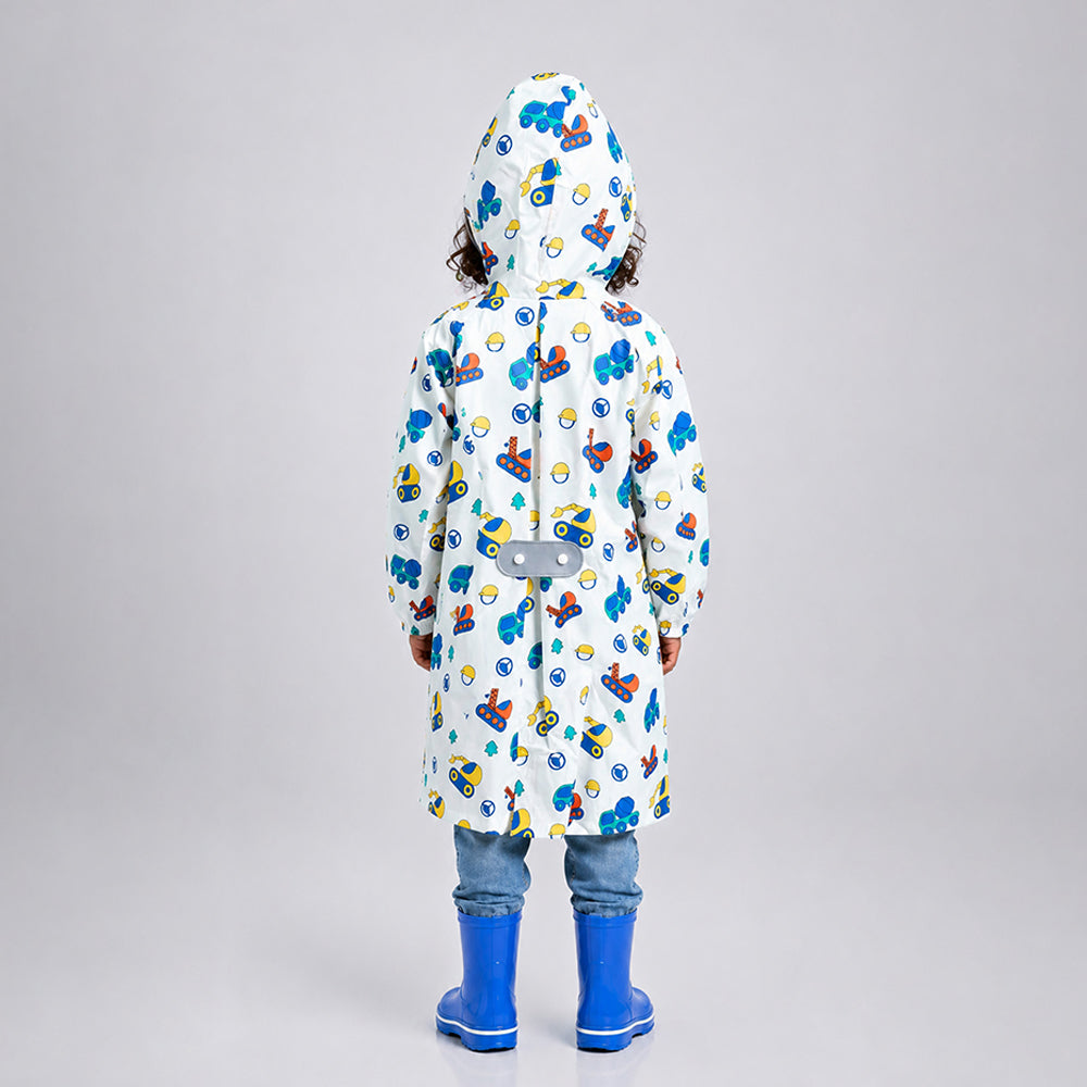 Back view of white dumper truck print kids raincoat with hood and expandable backpack panel