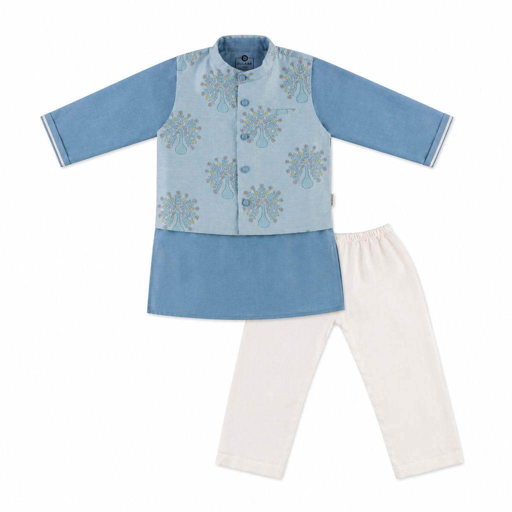 Chanderi Kurta Pyjama & Bandi Set | Hand-Block Printed