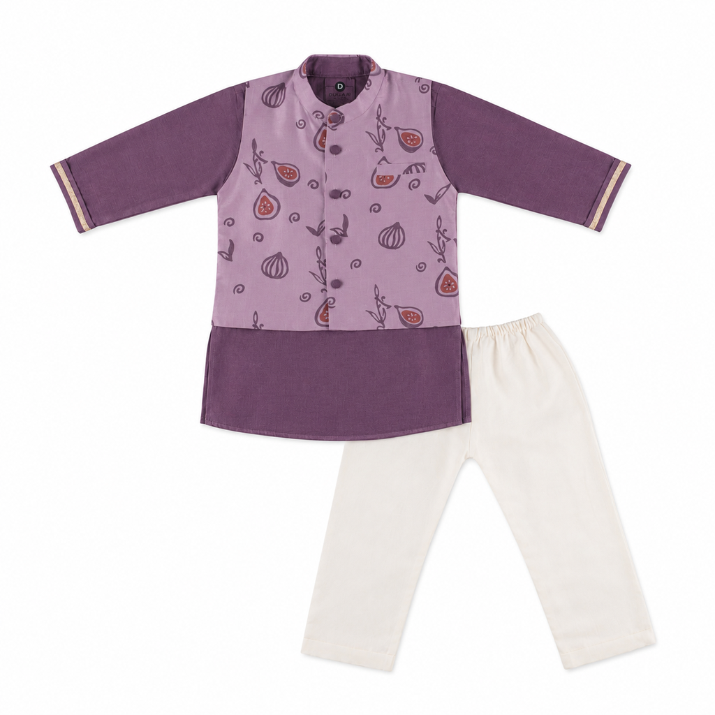 Chanderi Kurta Pyjama & Bandi Set | Hand-Block Printed