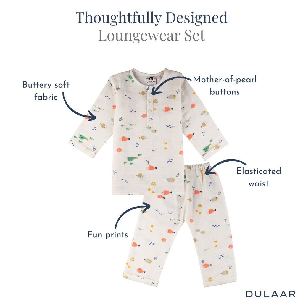 Loungewear set with features highlighted on a white background, featuring the brand 'Dulaar'.
