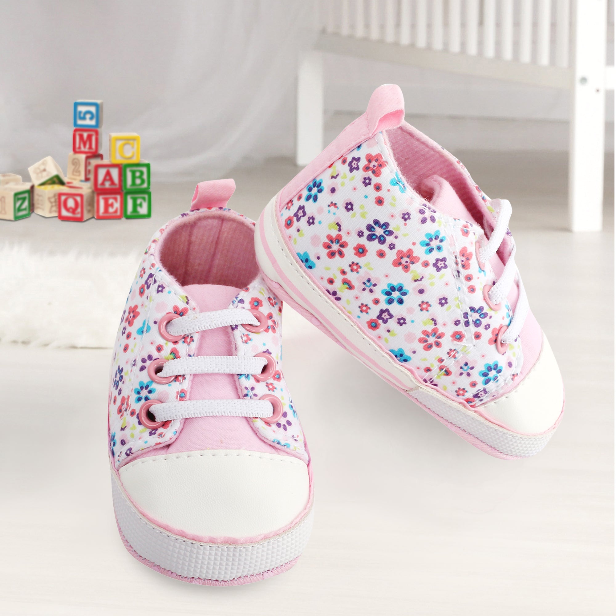 Baby Moo Floral Print Pink Lace Up Booties