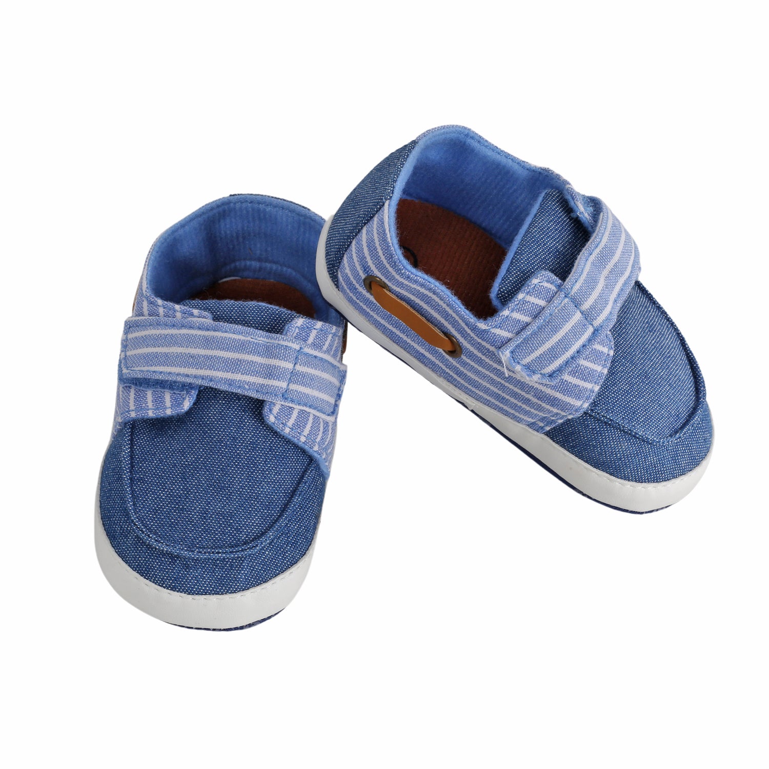 Baby Moo Striped Blue Velcro Booties