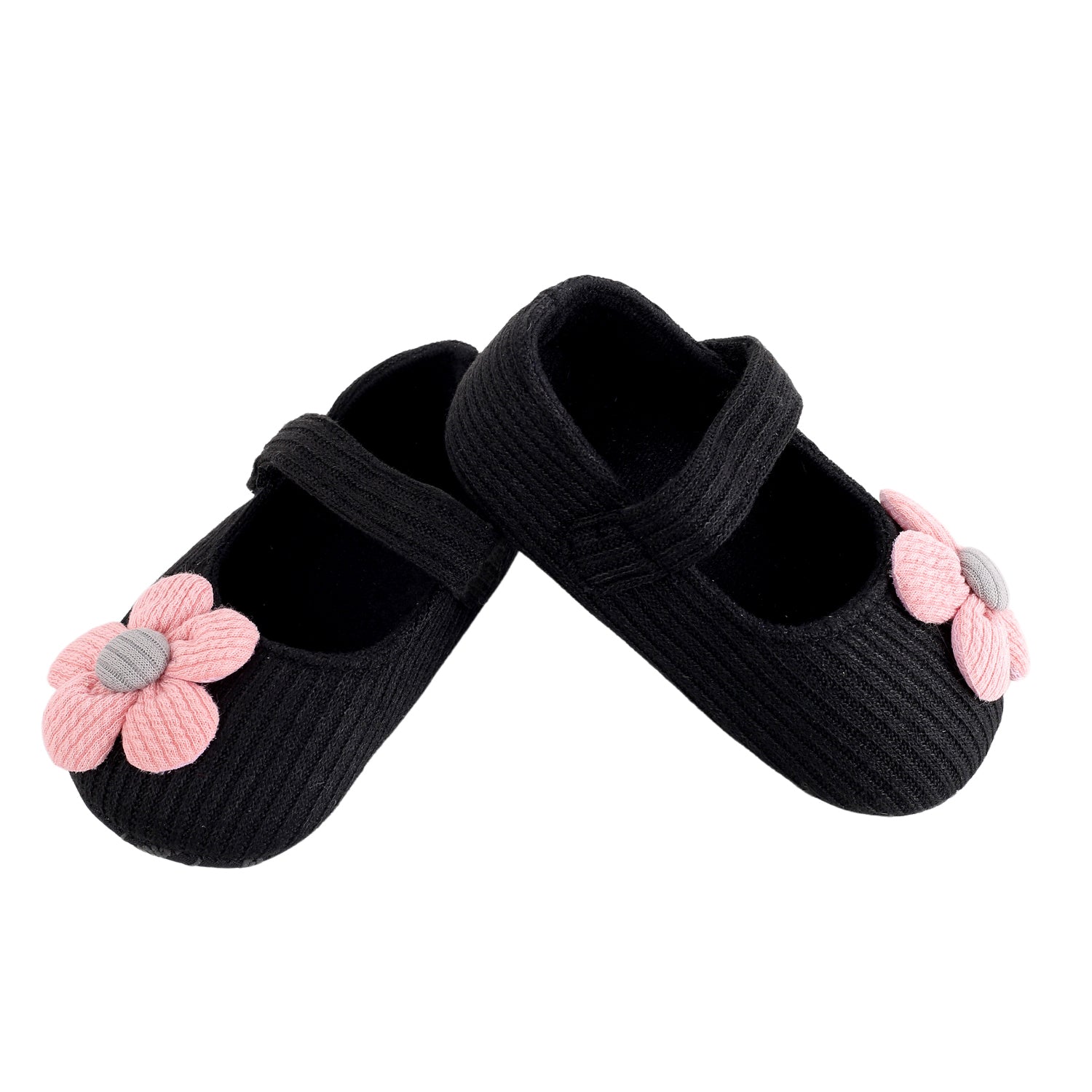Baby Moo Floral Applique Black And Pink Booties