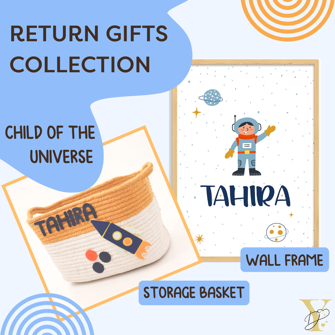 Personalised Return Gift Collection - Child Of The Universe (Storage Basket & Wall Frame)