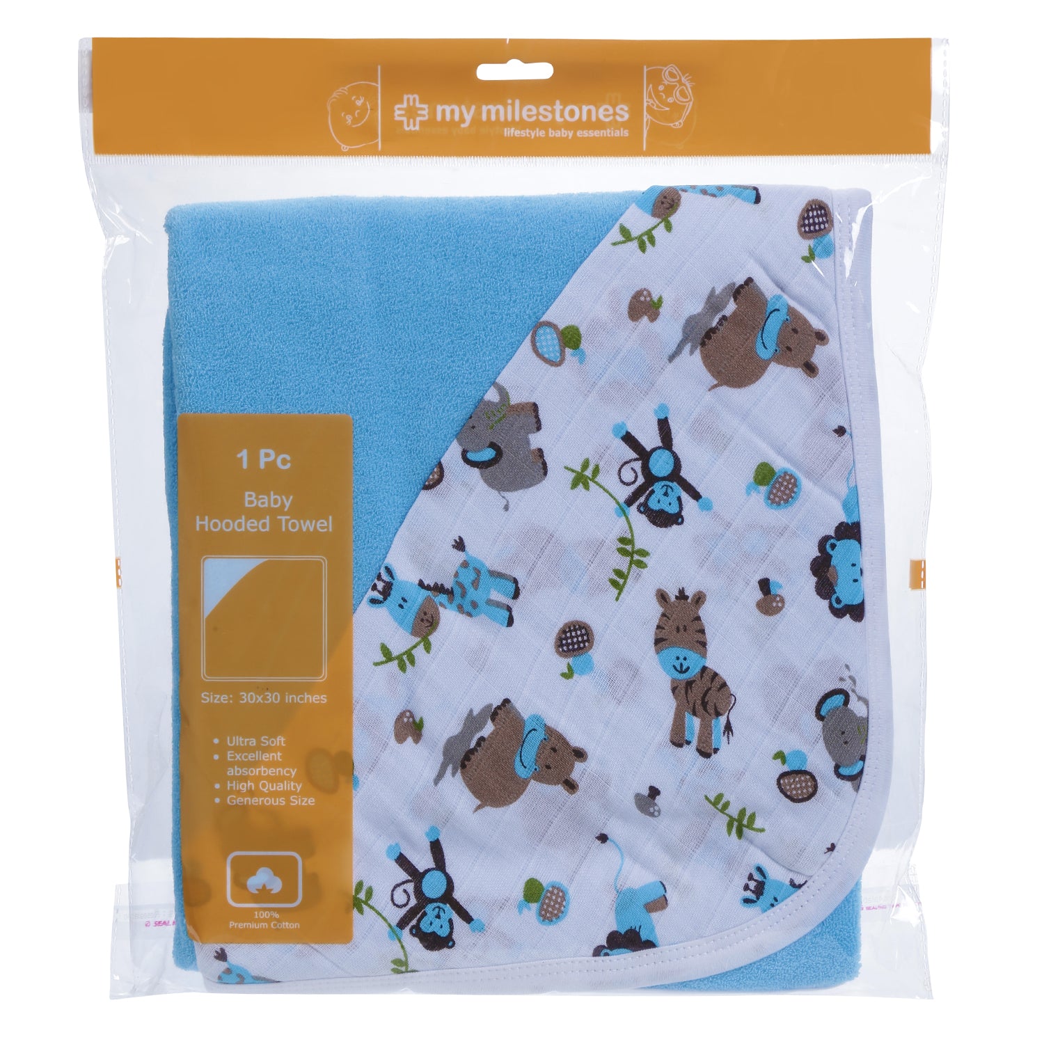 My Milestones 100% Premium Cotton Single Layered Terry Hooded Baby / Toddlers Bath Towel - Blue Solid