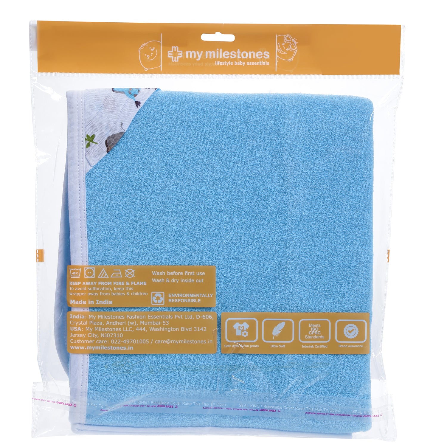 My Milestones 100% Premium Cotton Single Layered Terry Hooded Baby / Toddlers Bath Towel - Blue Solid