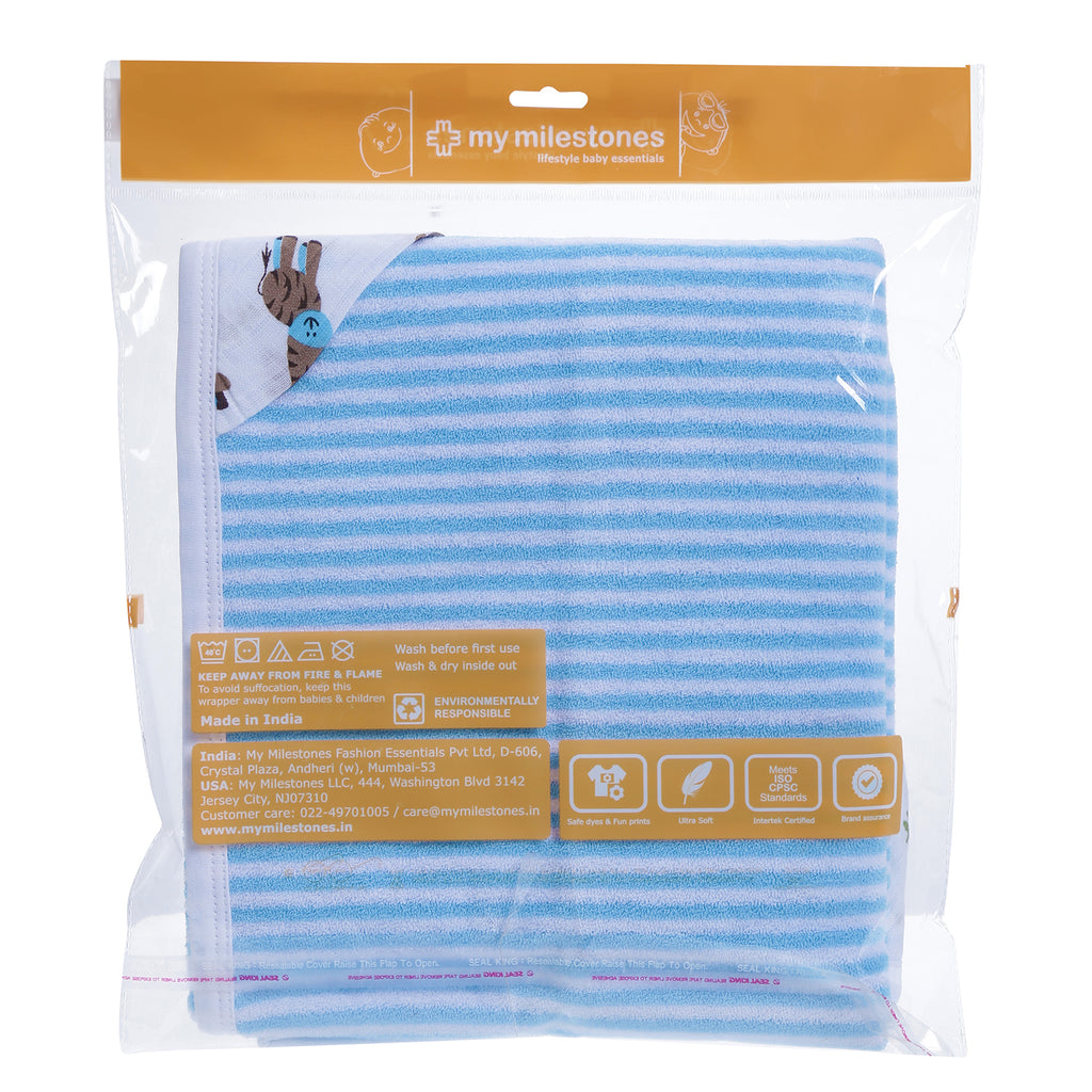 My Milestones 100% Premium Cotton Single Layered Terry Hooded Baby / Toddlers Bath Towel - Blue Stripes
