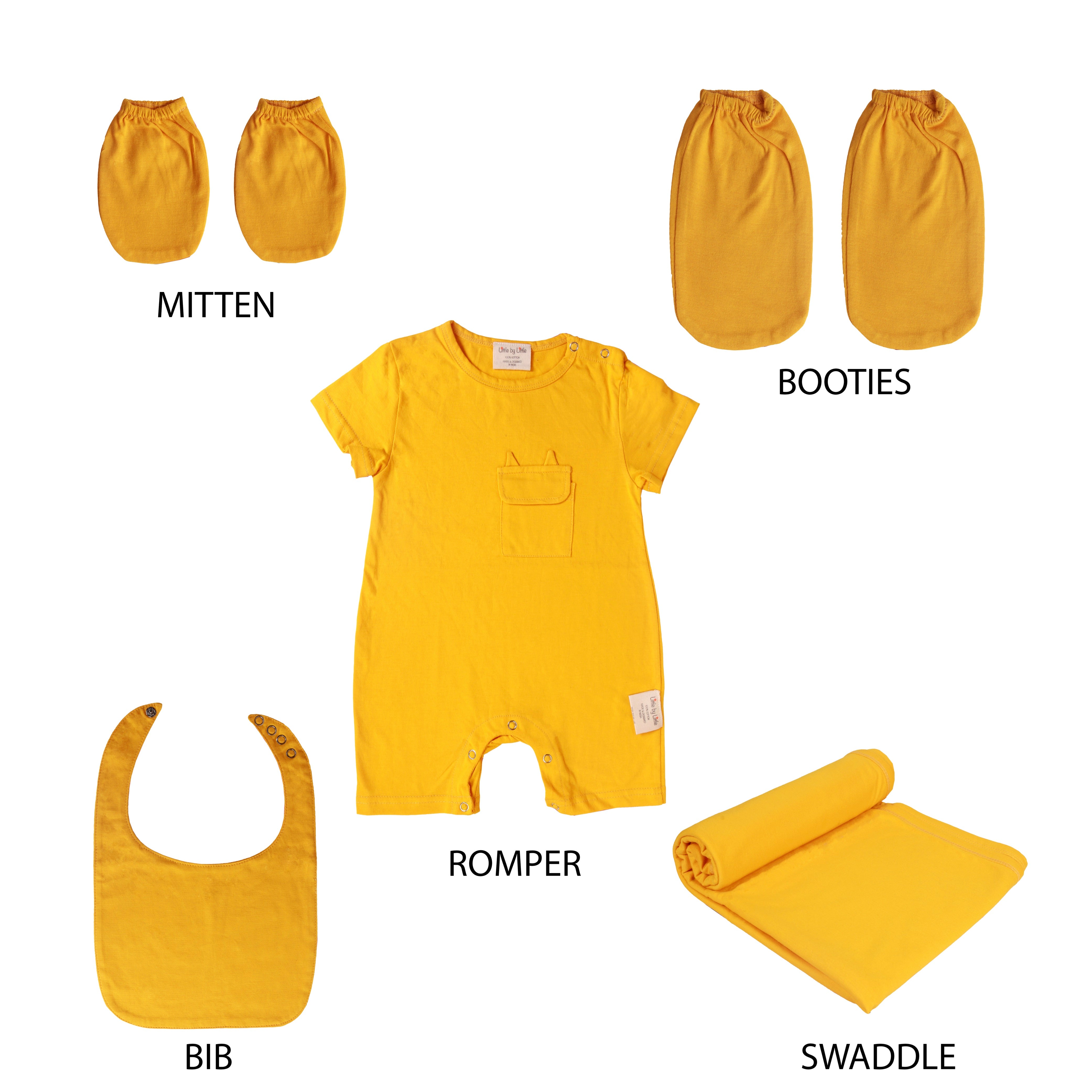 Little By Little 100% Anti Viral, Cotton, Reusable, Anti bacterial & Water Repellent Baby Set of Romper, Swaddle, Bib, Booties, Mittens - Yellow