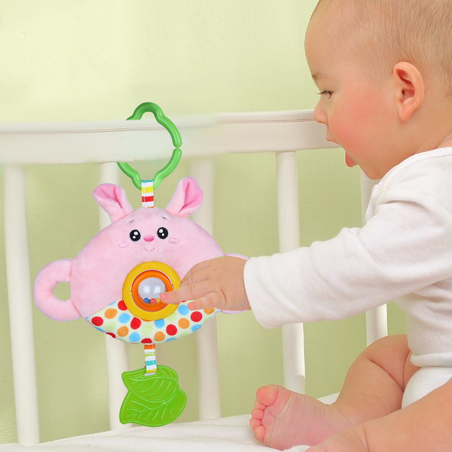 Baby Moo Bunny Stroller Crib Hanging Plush Rattle Toy With Teether - Pink