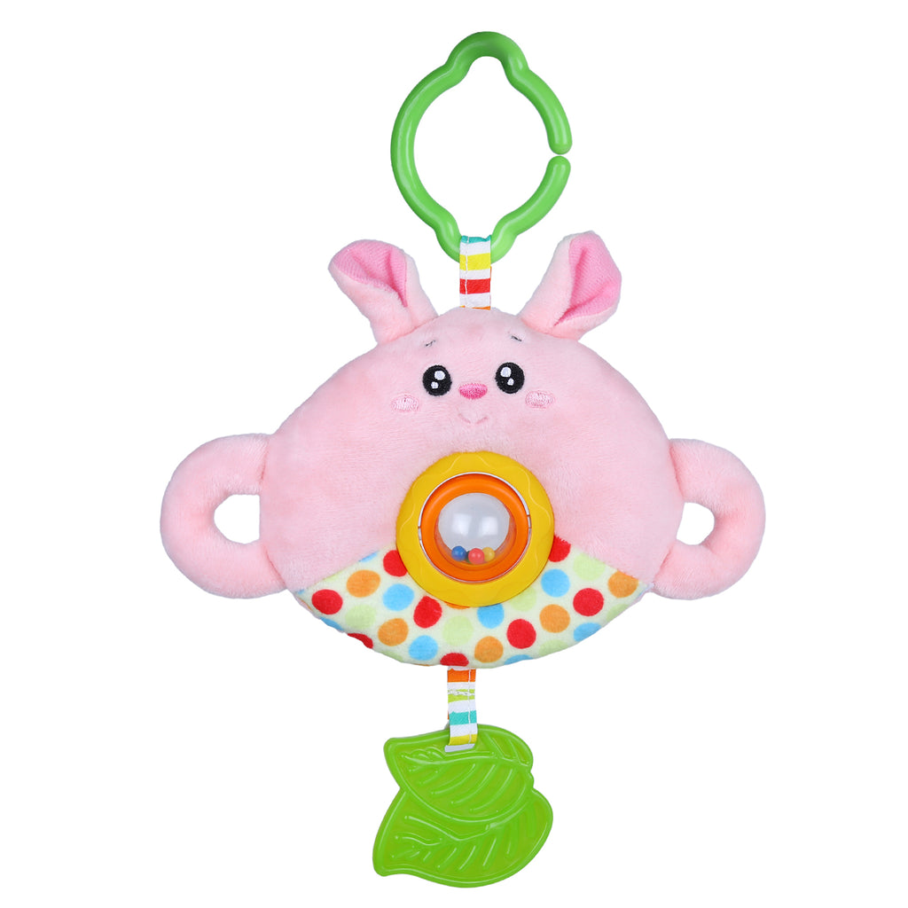 Baby Moo Bunny Stroller Crib Hanging Plush Rattle Toy With Teether - Pink