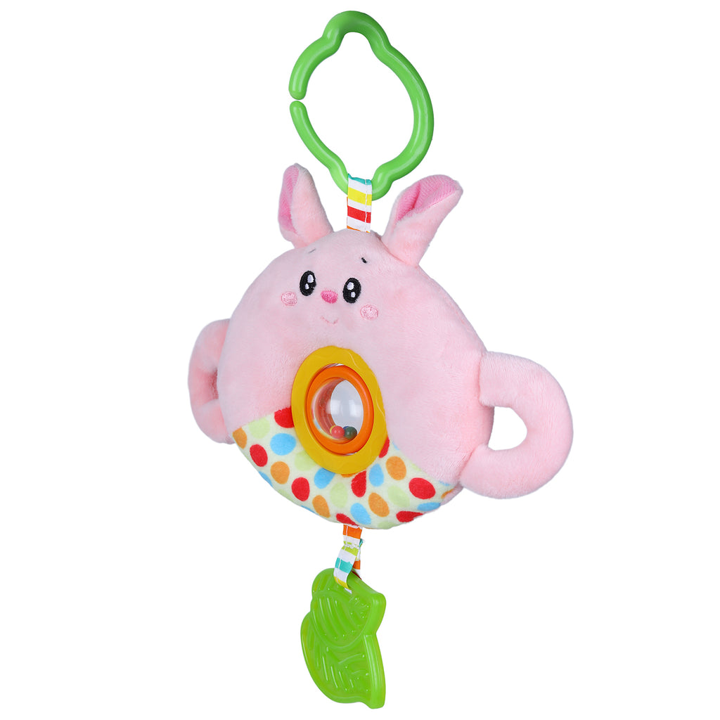 Baby Moo Bunny Stroller Crib Hanging Plush Rattle Toy With Teether - Pink