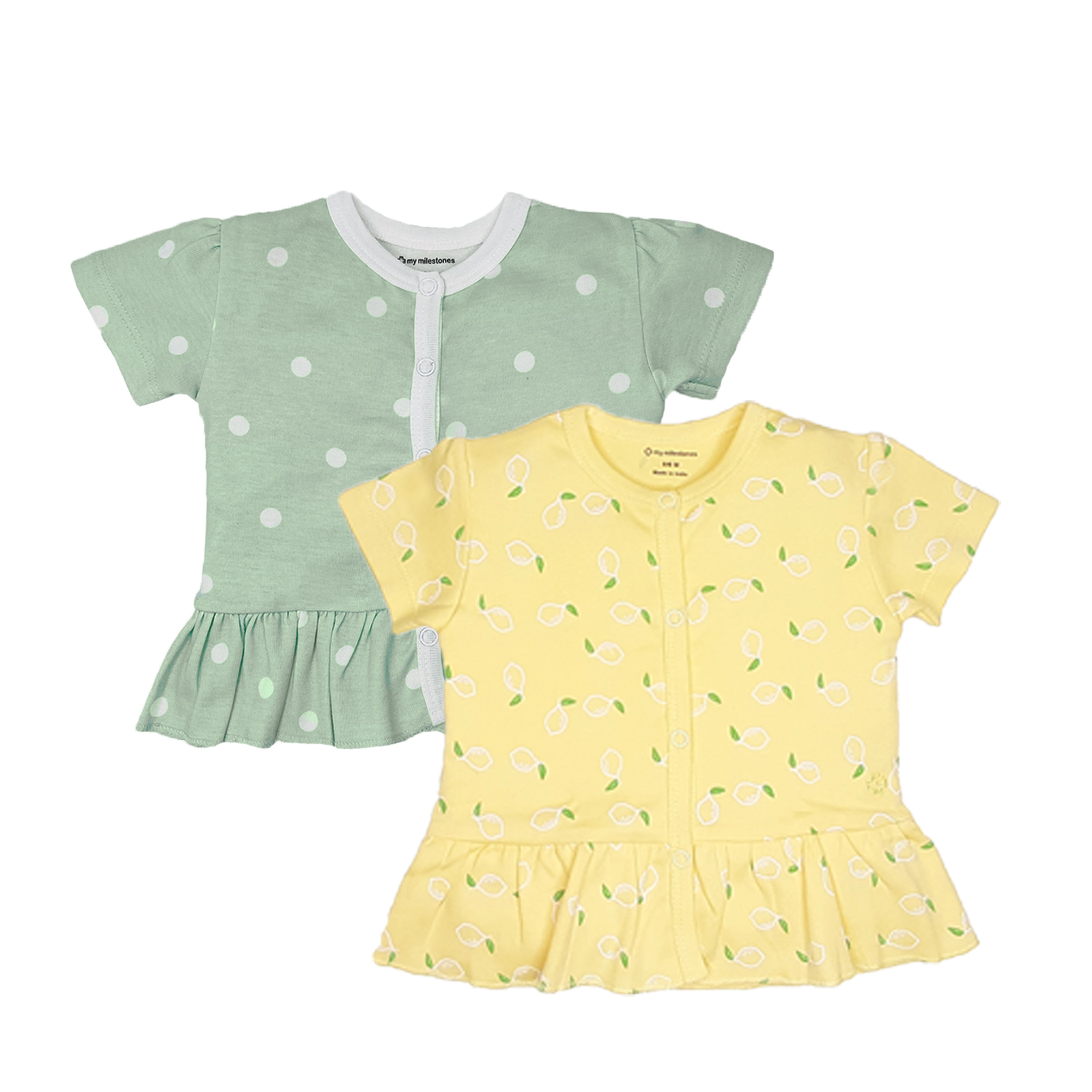 My Milestones T-shirt Half Sleeves Girls Sage Green Polka/ Yellow Lemon - 2 Pc Pack