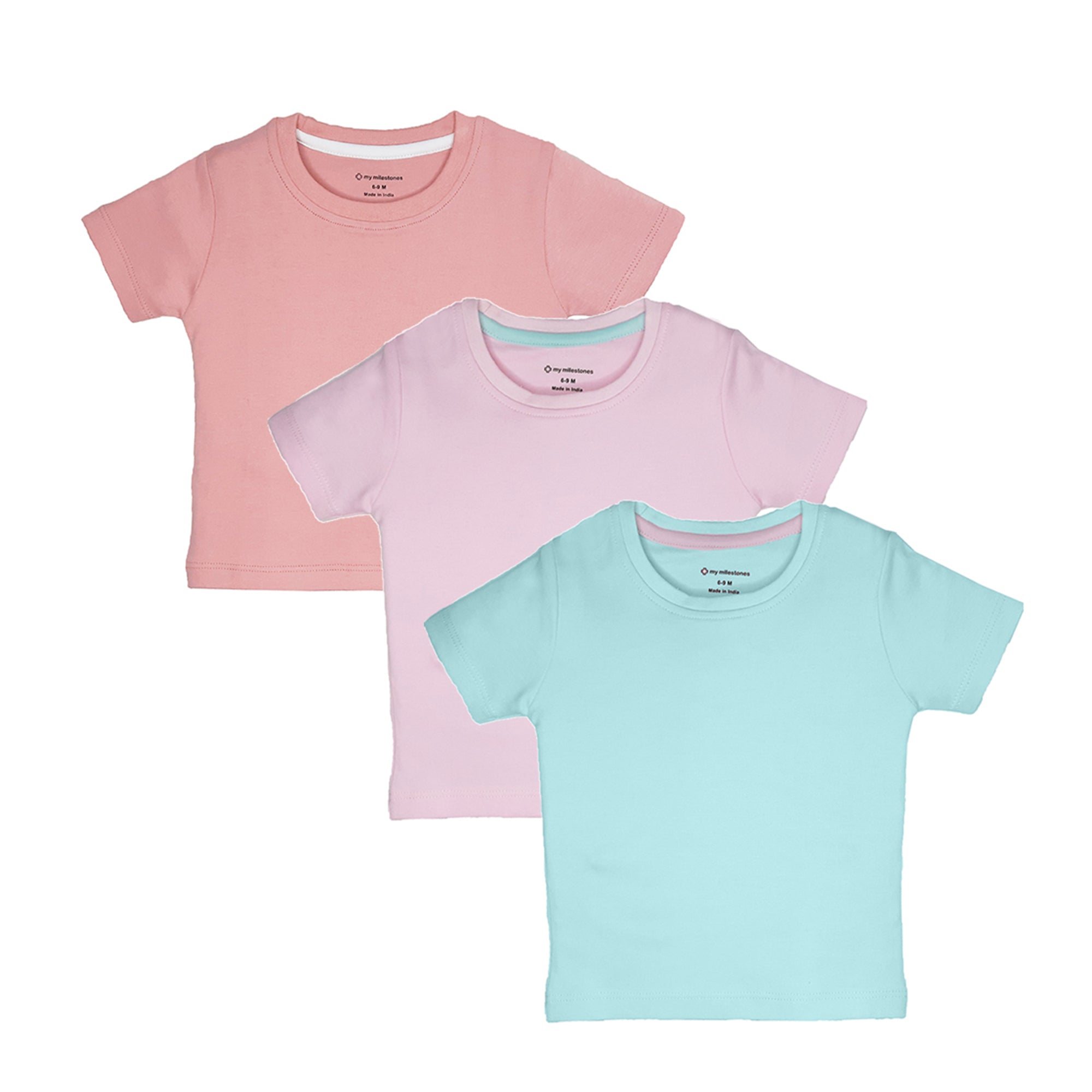 My Milestones Round Neck T-Shirt HS Solid Aqua / Peach / Pink - 3 Pc Pack
