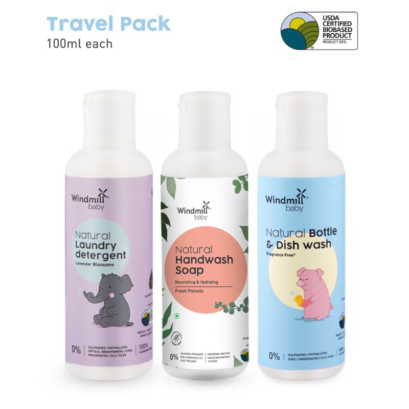 Windmill Baby Natural Cleaning Travel Pack (Bottle Wash 100ml + Lavender Blossoms Laundry Detergent 100ml + Fresh Pomelo Hand Wash 100ml) Combo Pack