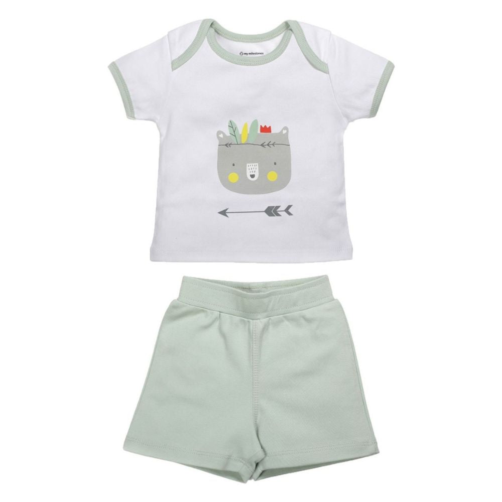 My Milestones Baby Top Bottom Set- Half Sleeves T-shirt with Shorts-White/S.Green