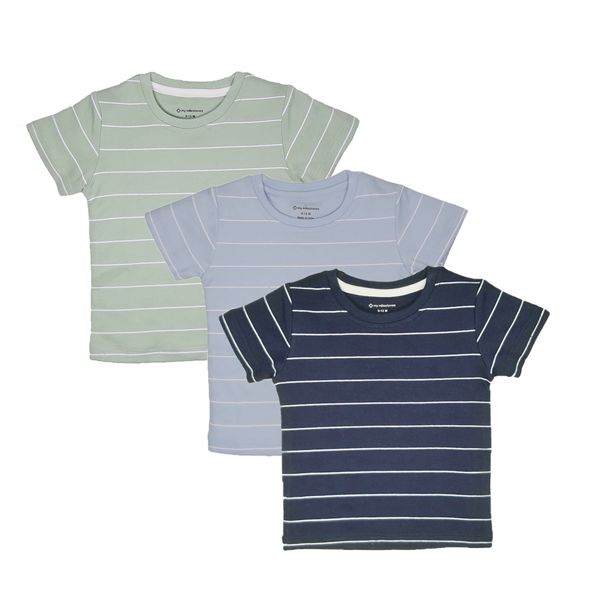 My Milestones Round Neck T-Shirt HS Stripes N. Blue / B. Blue / S. Green - 3 Pc Pack