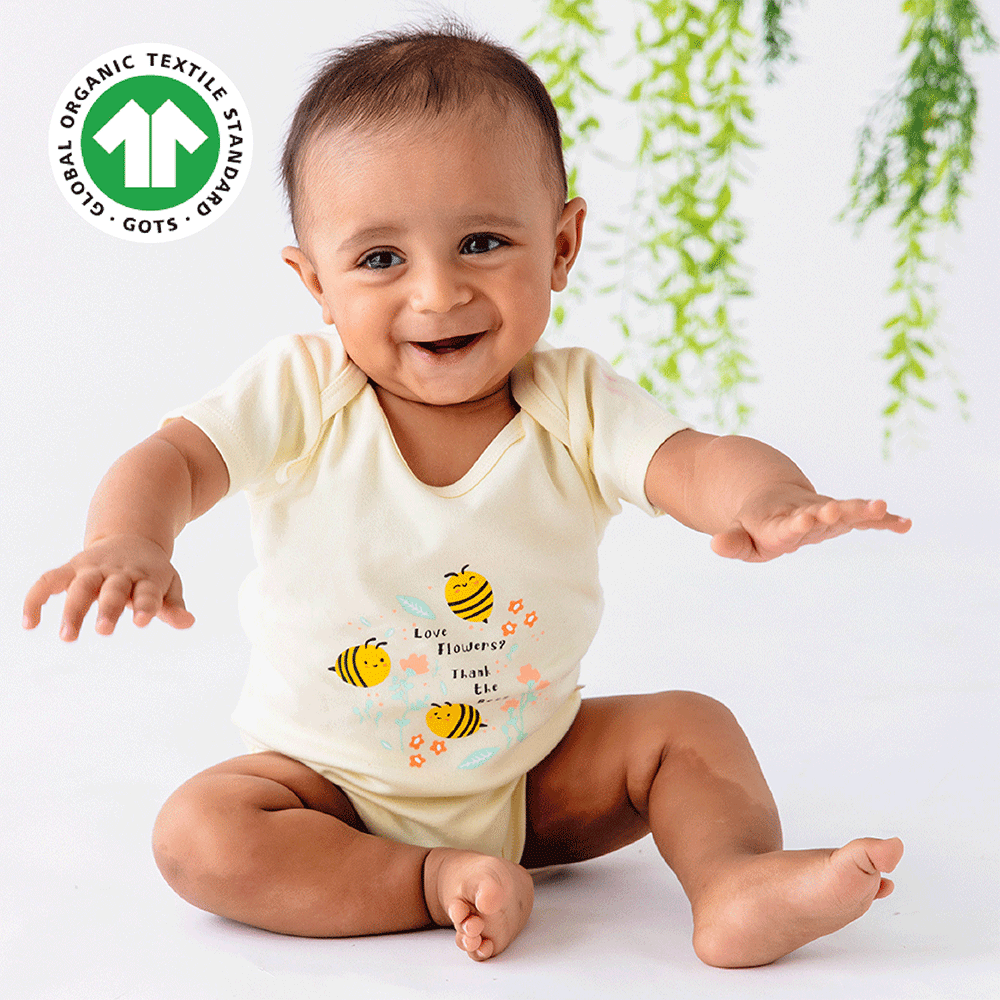 Greendigo Organic Cotton Yellow Bodysuit For New Born Baby Boys And Baby Girls