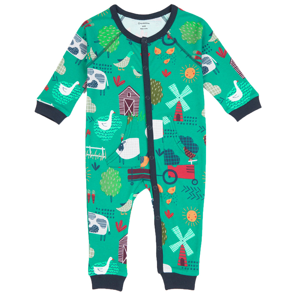 My Milestones Romper Green with Navy - Barnyard Print