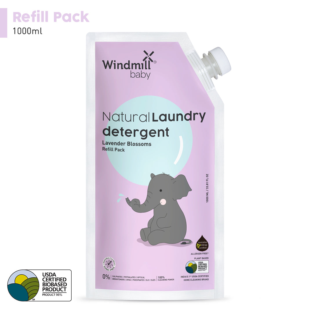 Windmill Baby Natural Lavender Blossoms Laundry Detergent Liquid Refill Pack, USDA Certified, Allergen Free, Plant Based with Bio-Enzymes - 1000 ml