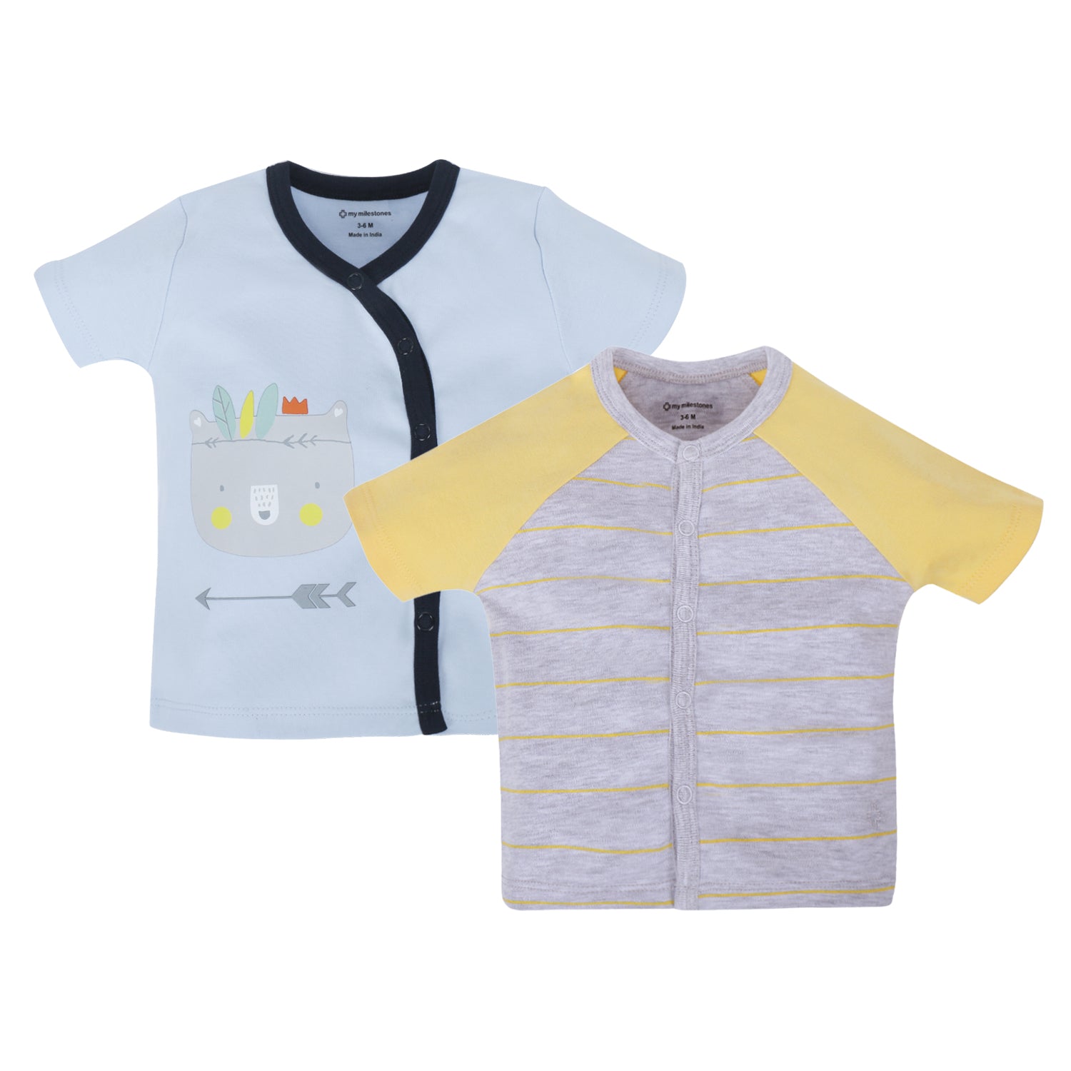 My Milestones T-shirt Half Sleeves Boys Grey Yellow Raglan/ Baby Blue -2Pc Pack