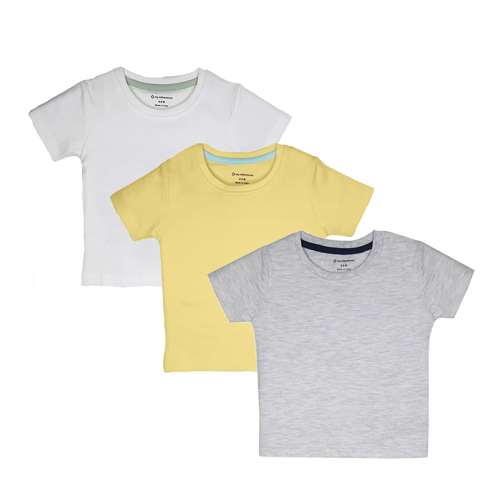 My Milestones Round Neck T-Shirt HS Solid Yellow / White / Grey - 3 Pc Pack