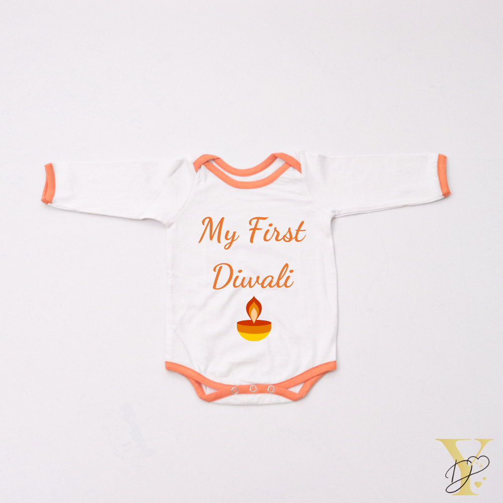 Personalised Bodysuit (Full Sleeves) - My First Diwali (Orange Love)