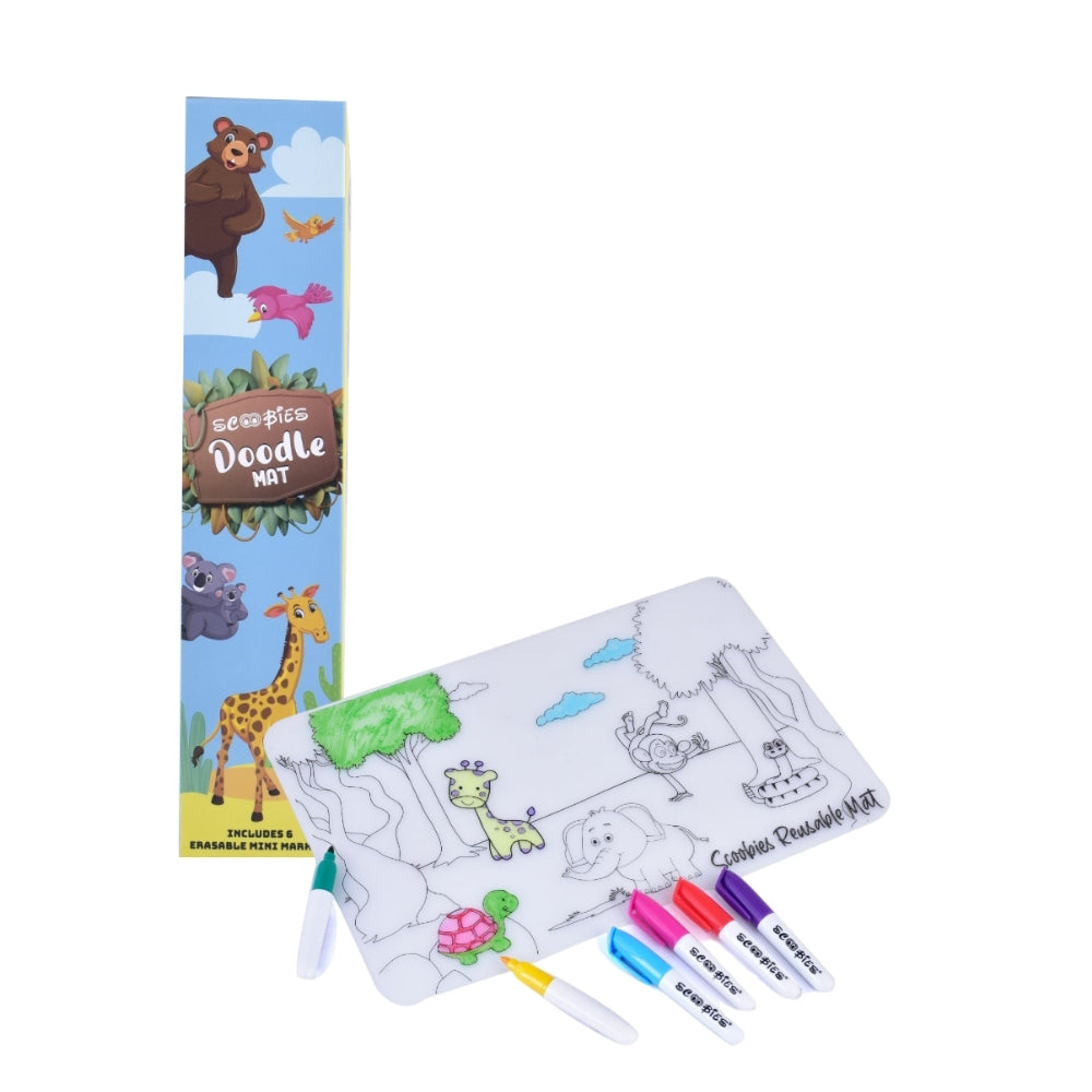 Animal Doodle Mat | With 6 Dry-Erase & Washable Markers | DIY Creative Learning | Reusable Silicone Quality